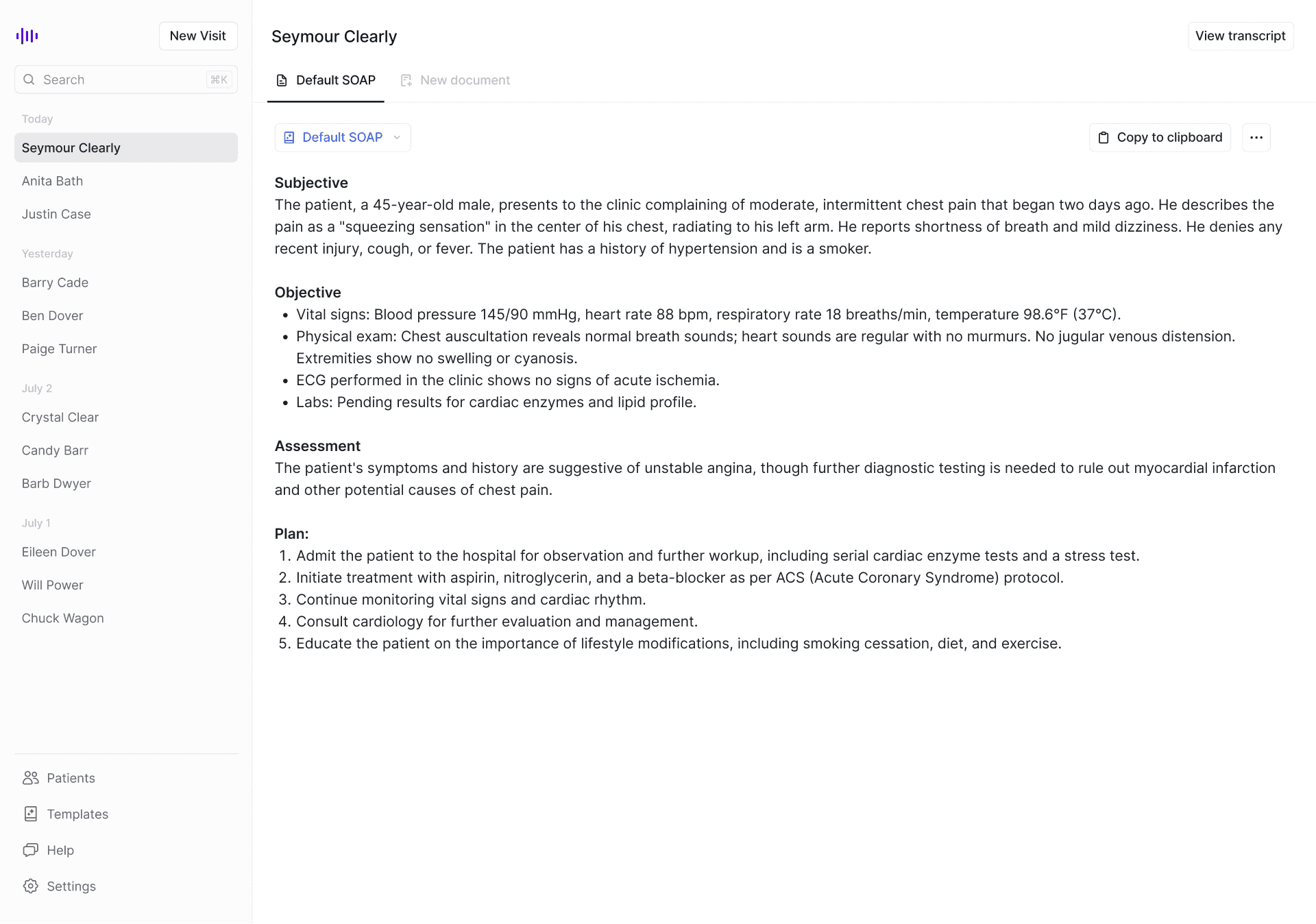 Medical Scribe App Interface